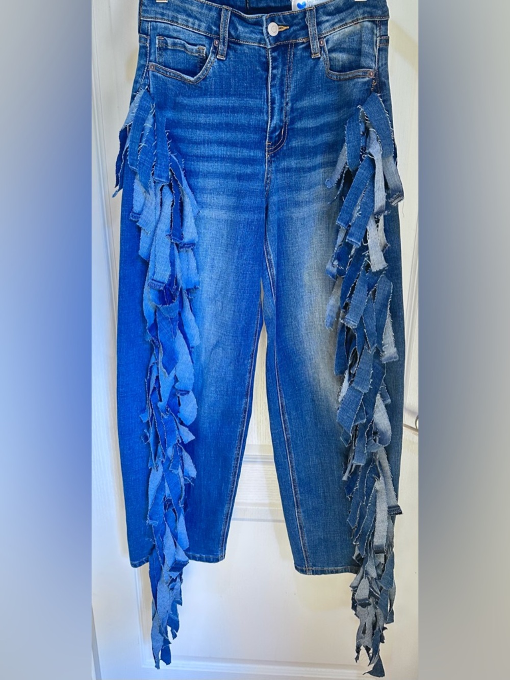 Upcycled High-Rise Blue fringe Ruffle-Trim barrel Jeans size S - Picture 3 of 7